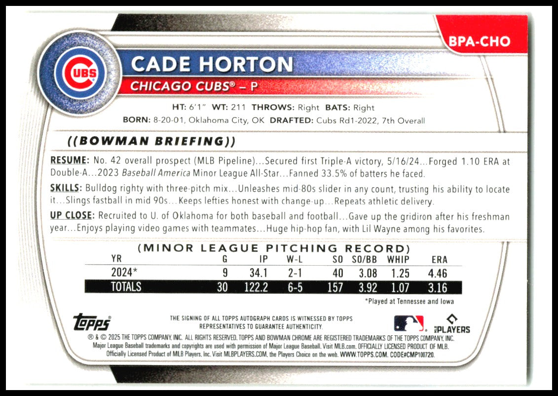 2025 Bowman Prospect Autographs Gold #BPA-CHO Cade Horton AU #/50 Chicago Cubs