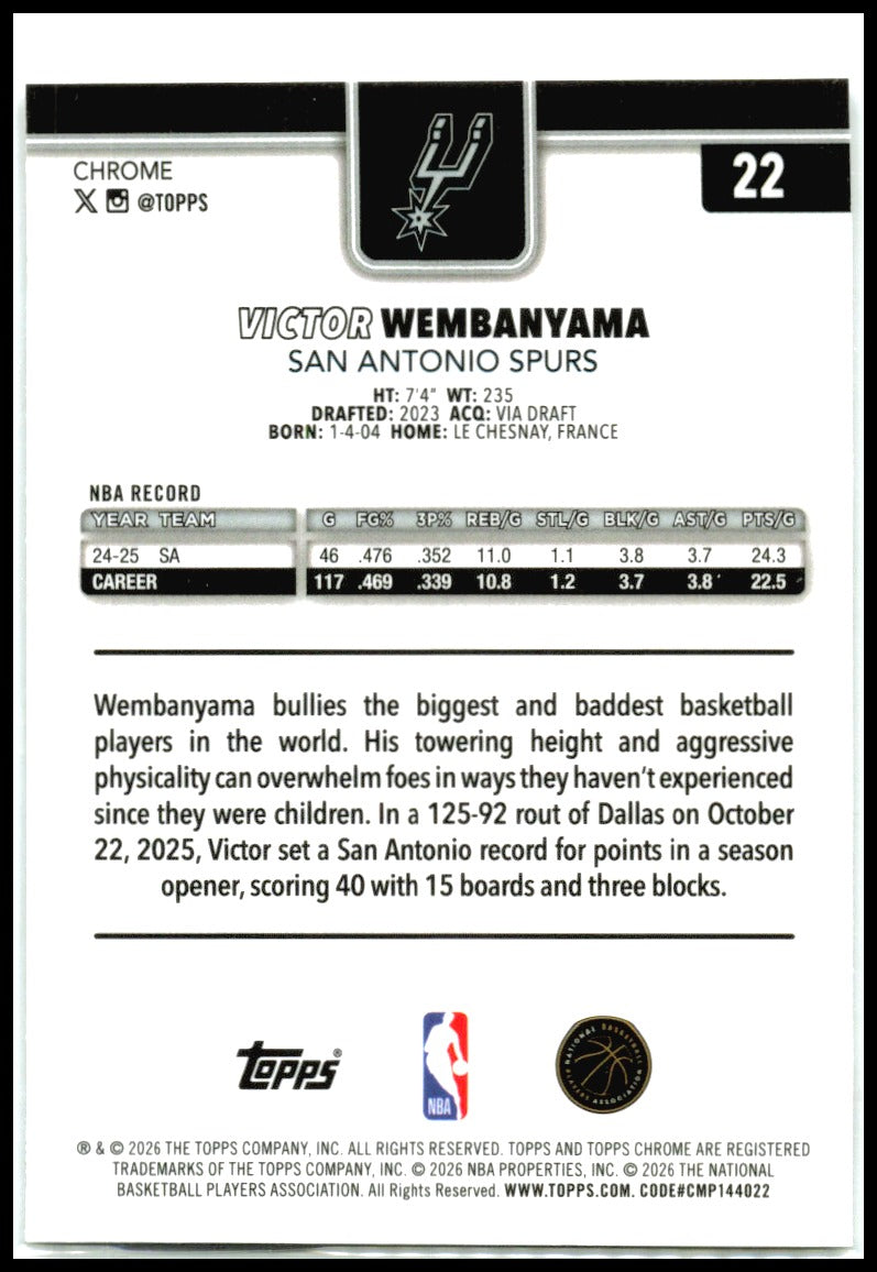 2025-26 Topps Chrome Update IMAGE VARIATION SPECKLE #22 Victor Wembanyama Spurs