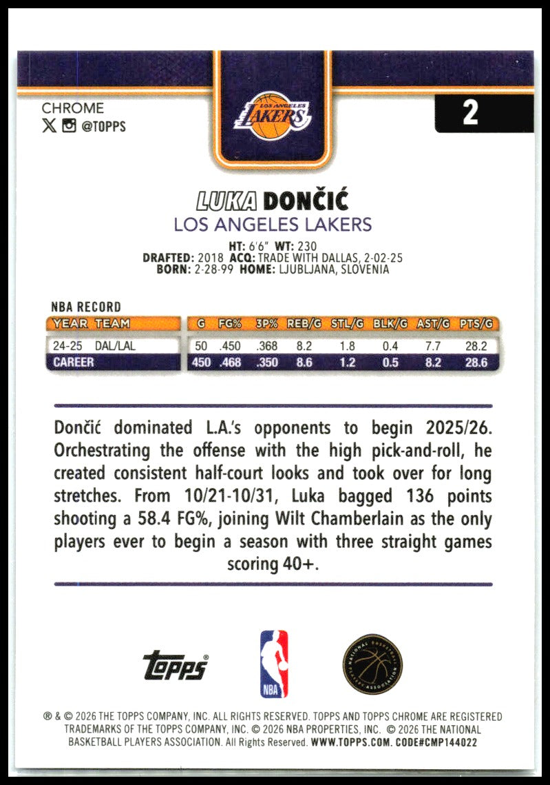 2025-26 Topps Chrome Update Blue Basketball Refractor #2 Luka Dončić Lakers