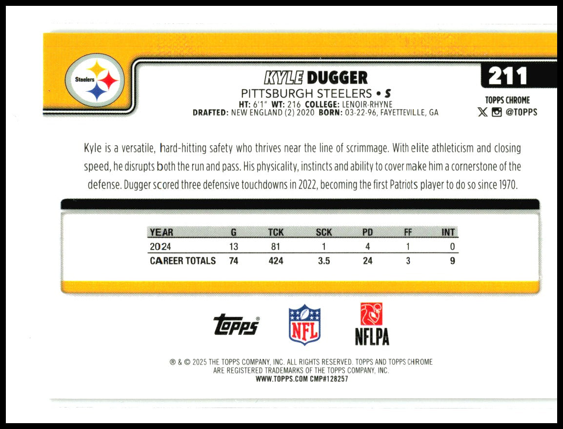 2025 Topps Chrome Gold Wave Refractor #211 Kyle Dugger #/50 Pittsburgh Steelers