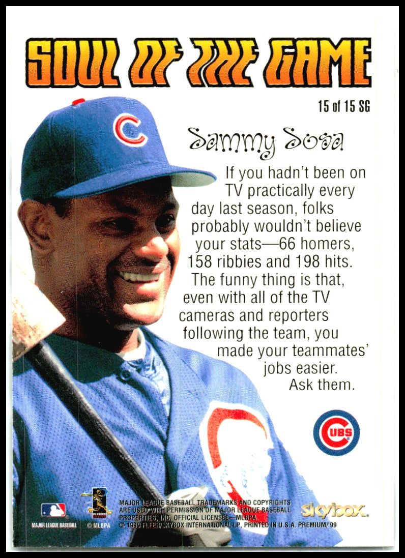 1999 SkyBox Premium Soul of the Game #15SG Sammy Sosa Chicago Cubs