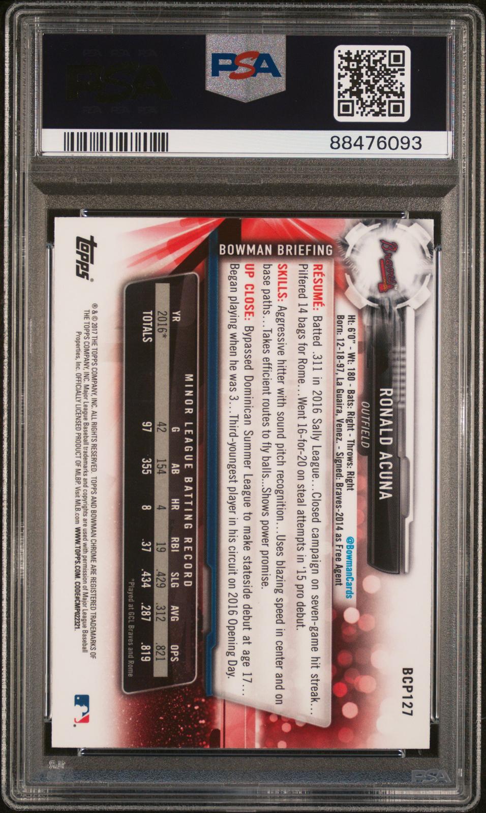 2017 Bowman Prospects Prospects-Chrome #BCP127 Ronald Acuna PSA 10 Gem Mint