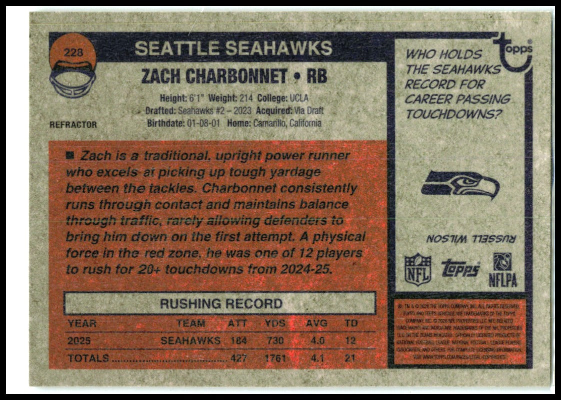 2026 Topps Heritage Chrome #228 Zach Charbonnet Seattle