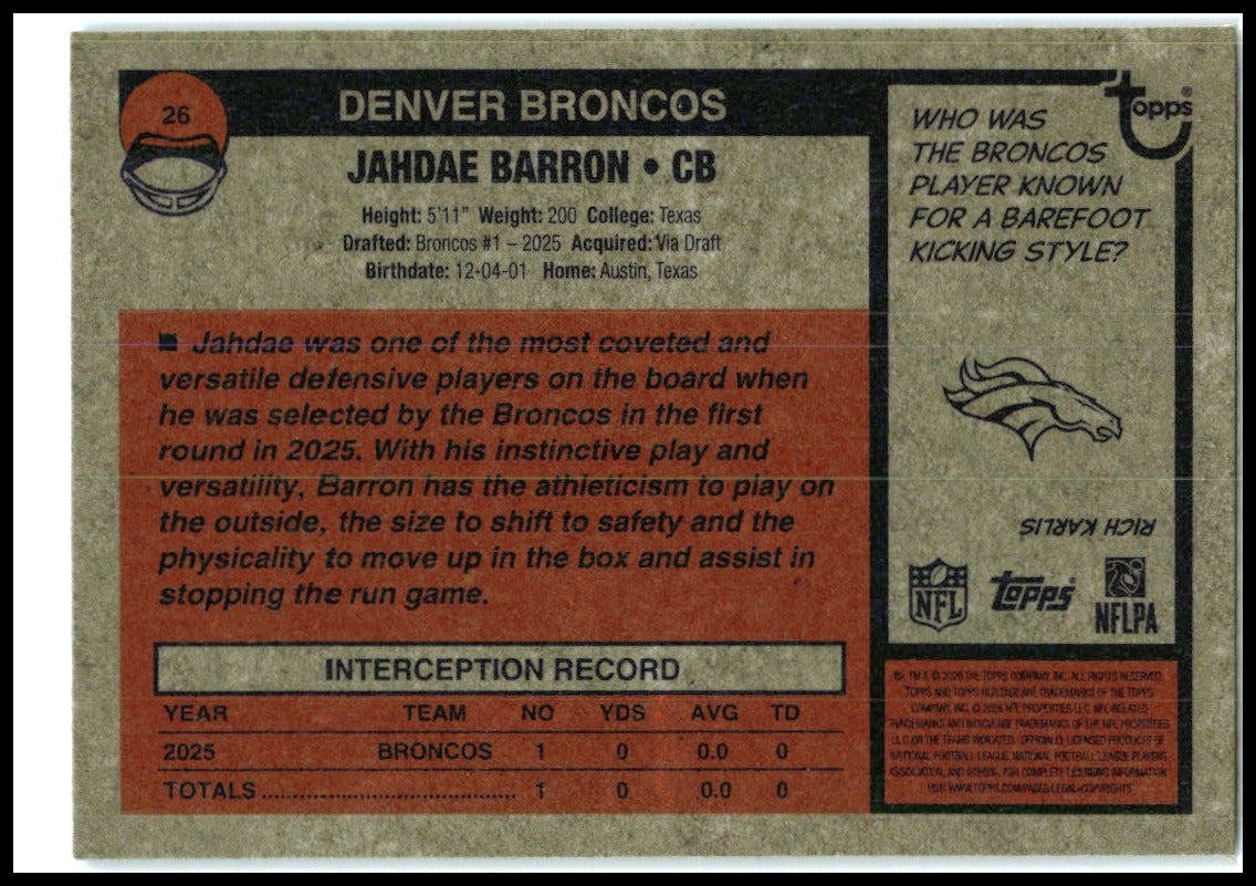 2026 Topps Heritage Chrome Blue /150 #26 Jahdae Barron Denver