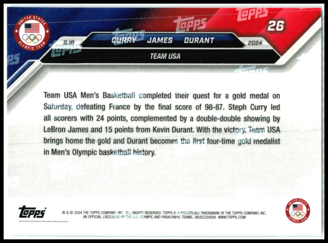 2024 Topps Now Olympic #26 LeBron James / Steph Curry / Kevin Durant USA