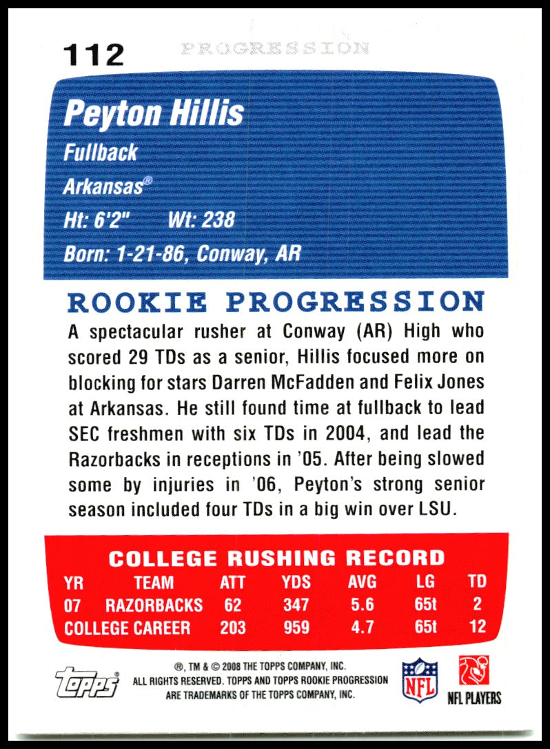 2008 Topps Rookie Progression #112 Peyton Hillis RC Arkansas Razorbacks