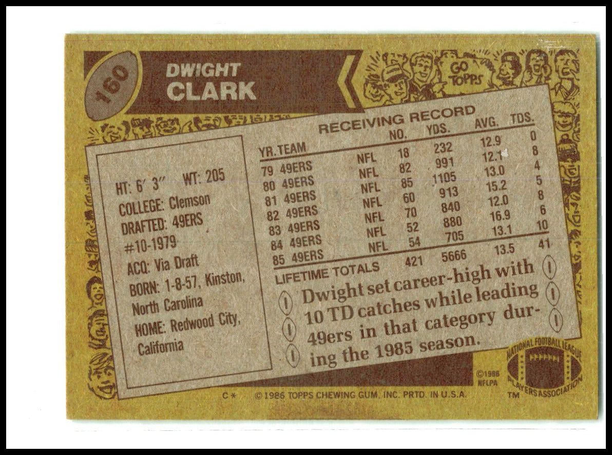 1986 Topps #160 Dwight Clark San Francisco 49ers