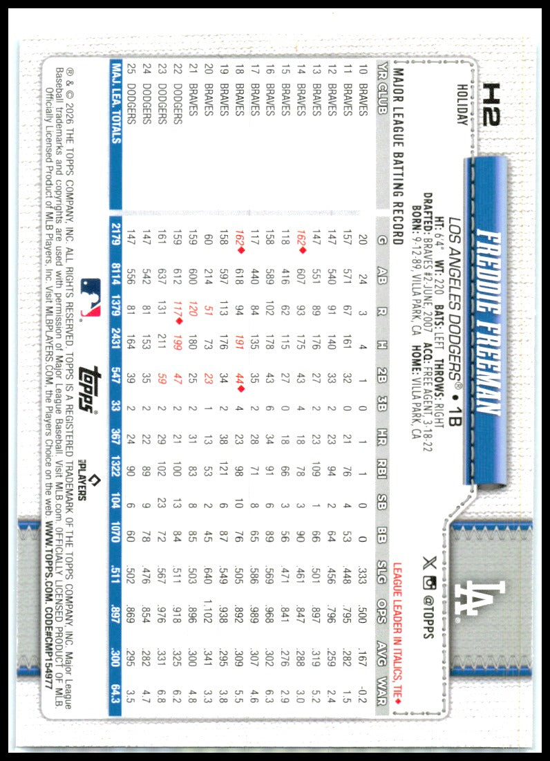 2026 Topps Holiday Chrome Sparkle Refractor #HC2 Freddie Freeman odgers