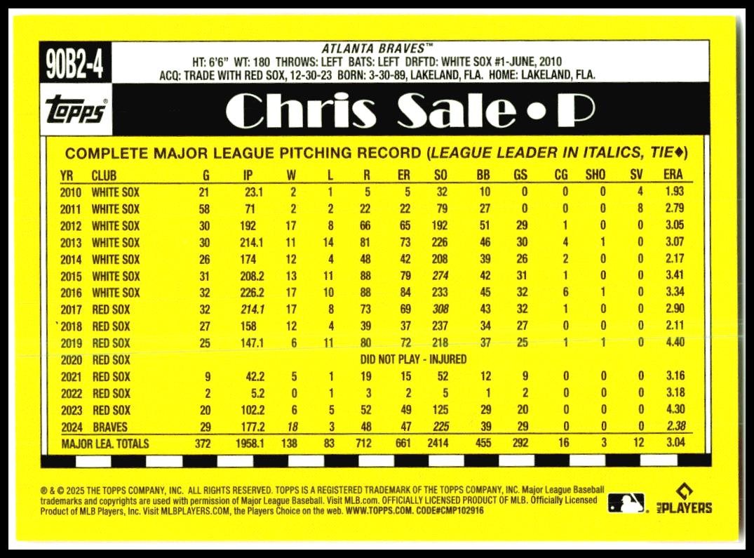 2025 Topps 1990 Topps 35th Anniversary #90B2-4 Chris Sale Atlanta Braves