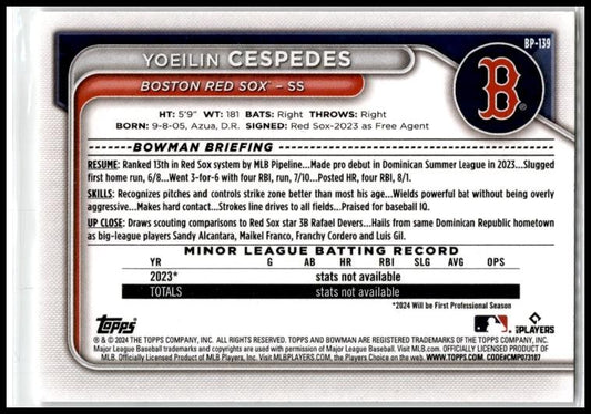 2024 Bowman Prospects #BP-139 Yoeilin Cespedes Boston Red Sox