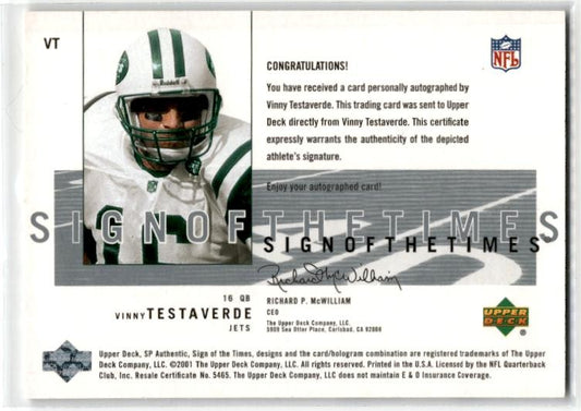 2001 SP Authentic Sign of the Times #VT Vinny Testaverde Auto New York Jets