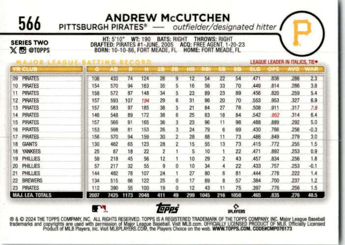 2024 Topps Rainbow Foil #566 Andrew McCutchen Pittsburgh Pirates