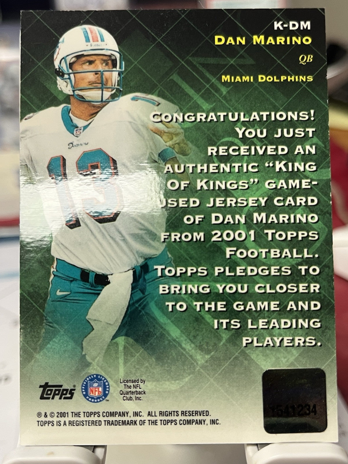 2001 Topps King of Kings Dan Marino Game Used Jersey Miami Dolphins