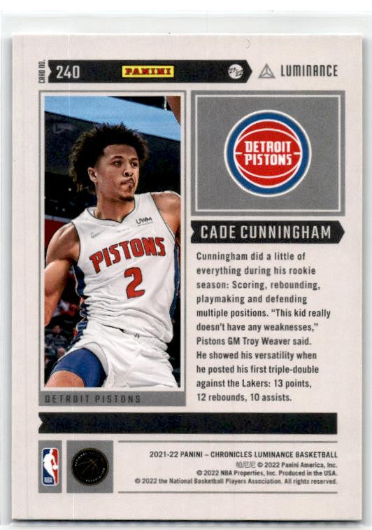 2021-22 Panini Chronicles Luminance #52 Cade Cunningham Rookie Detroit Pistons