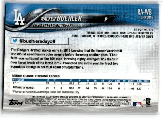 2018 Topps Chrome Rookie Autographs #RA-WB Walker Buehler Auto Dodgers