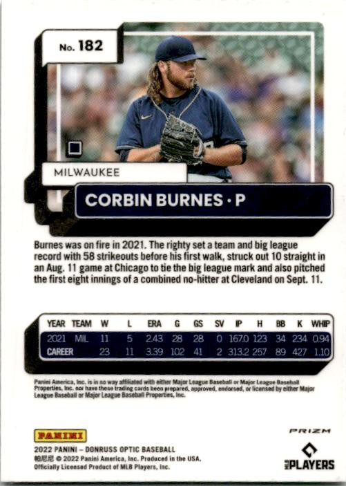 2022 Donruss Optic Lime Green Prizm #182 Corbin Burnes Milwaukee Brewers