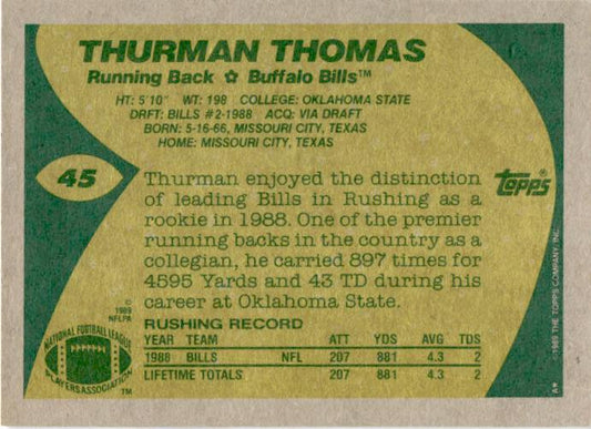 1989 Topps #45 Thurman Thomas Rookie Buffalo Bills