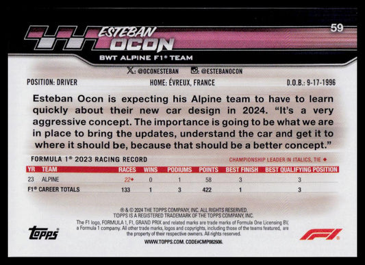 2024 Topps Paddock Pass Formula 1 #59 Esteban Ocon Red Foil