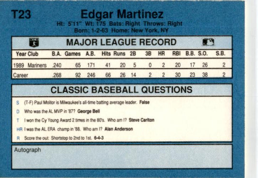 1990 Classic Yellow #T23 Edgar Martinez Seattle Mariners
