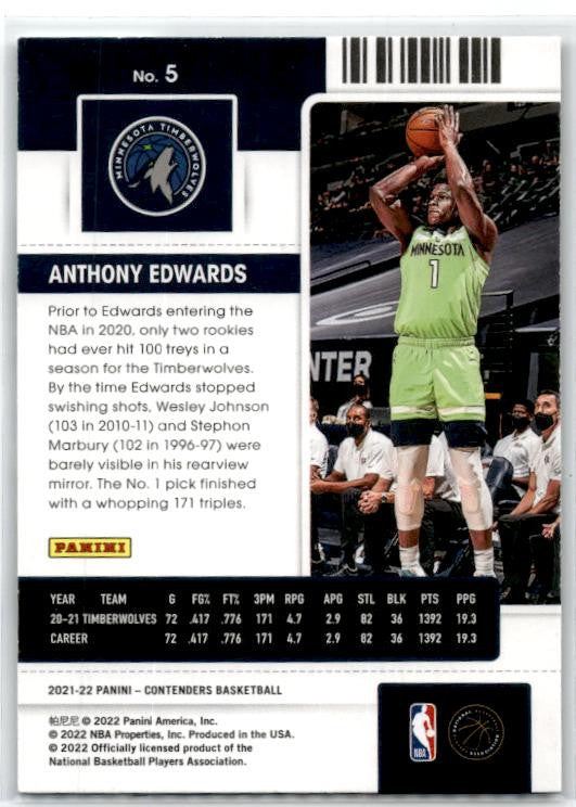 2021-22 Panini Contenders Season Ticket #5 Anthony Edwards Timberwolves