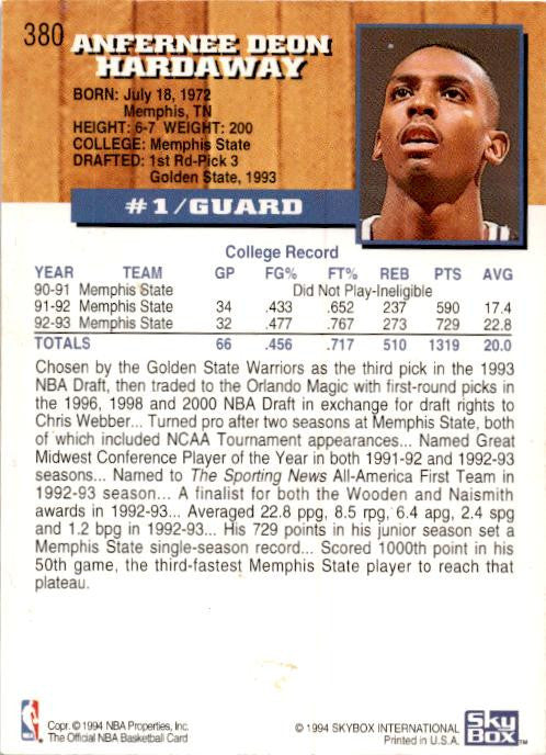 1993-94 Hoops #380 Anfernee Hardaway