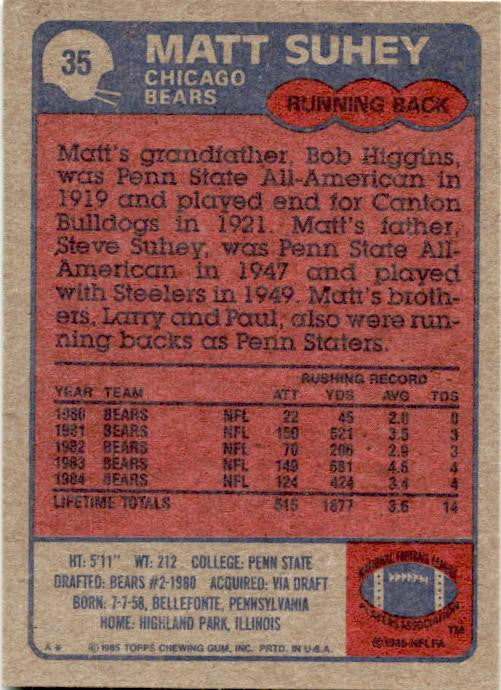 1985 Topps #35 Matt Suhey Chicago Bears