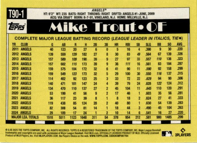 2025 Topps 1990 Topps Baseball 35th Anniversary #T90-1 Mike Trout Angels