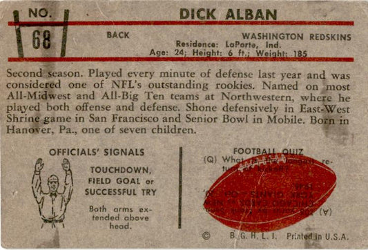 1953 Bowman #68 Dick Alban Washington Redskins