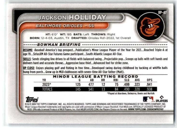2023 Bowman #BP-47 Jackson Holliday Baltimore Orioles