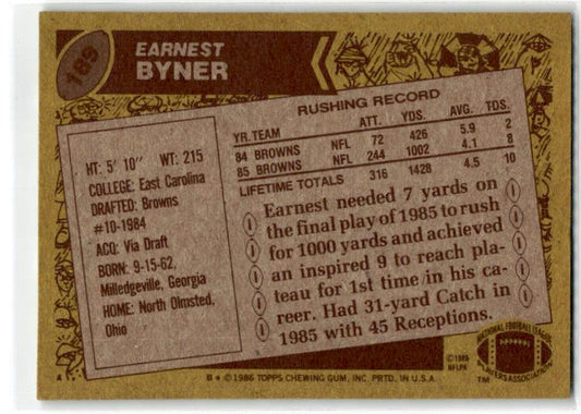 1986 Topps #189 Earnest Byner Rookie Cleveland Browns