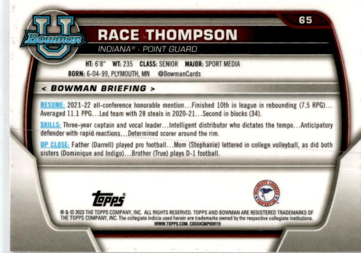 2022-23 Bowman University Chrome Pink #65 Race Thompson Indiana Hoosiers