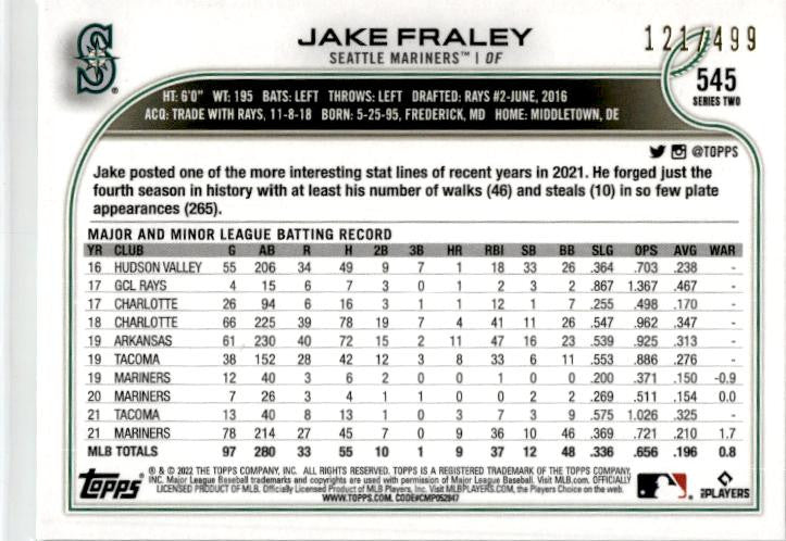 2022 Topps Green Foilboard #545 Jake Fraley #/499 Seattle Mariners