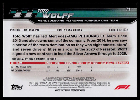 2024 Topps Paddock Pass Formula 1 #71 Toto Wolff