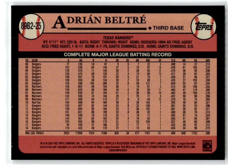 2024 Topps 1989 Topps Baseball 35th Anniversary #89B2-25 Adrián Beltré Rangers