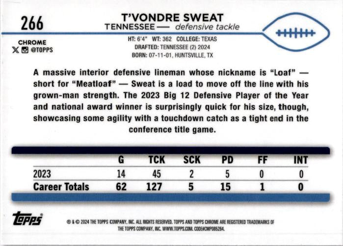 2024 Topps Chorme Pink #266 T'Vondre Sweat Rookie Tennessee