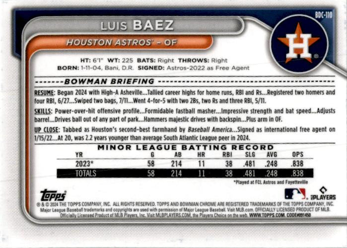 2024 Bowman Draft Chrome Lunar Glow Refractor #BDC-110 Luis Baez Houston Astros