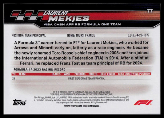 2024 Topps Paddock Pass Formula 1 #77 Laurent Mekies