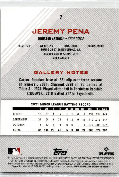 2022 Topps Gallery Rainbow Foil #2 Jeremy Pena Houston Astros