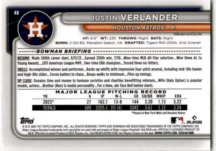 2024 Bowman Gold #48 Justin Verlander #/50 Houston Astros