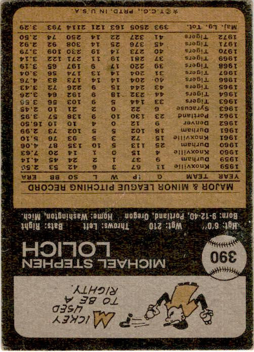 1973 Topps #390 Mickey Lolich Detroit Tigers