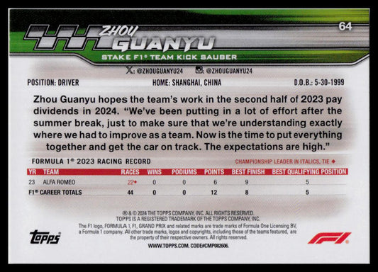 2024 Topps Paddock Pass Formula 1 #64 Zhou Guanyu