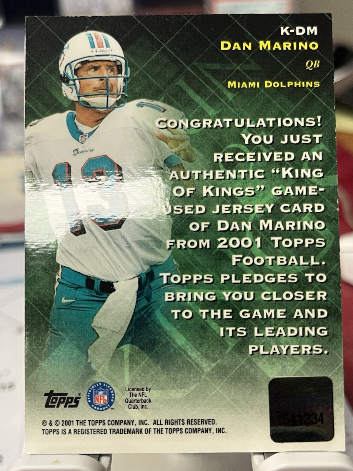 2001 Topps King of Kings Dan Marino Game Used Jersey Miami Dolphins