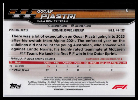 2024 Topps Paddock Pass Formula 1 #8b Oscar Piastri Chrome Blue Refractor
