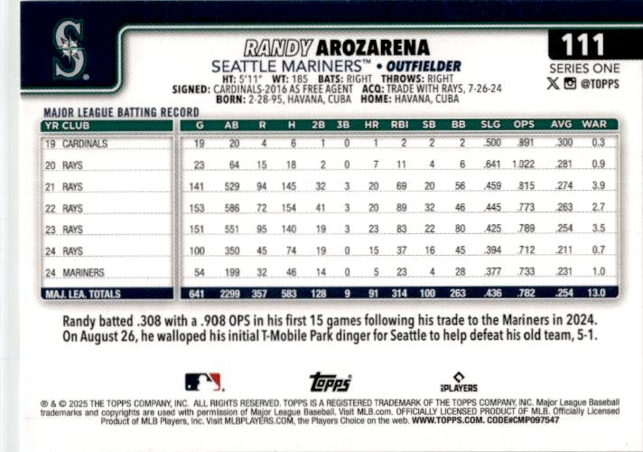 2025 Topps Sandglitter #111 Randy Arozarena Seattle Mariners