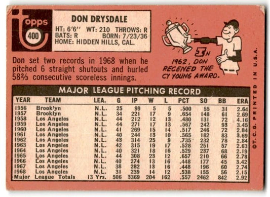 1969 Topps #400 Don Drysdale Los Angeles Dodgers