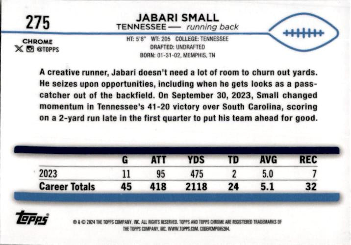 2024 Topps Chrome Pink /399 #275 Jabari Small Rookie Tennessee