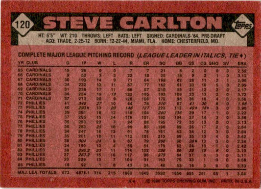 1986 Topps #120 Steve Carlton Philadelphia Phillies