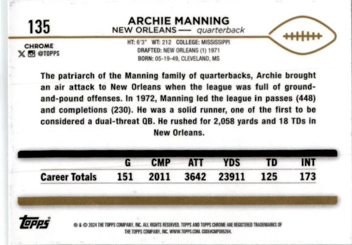 2024 Topps Chrome #135 Archie Manning New Orleans