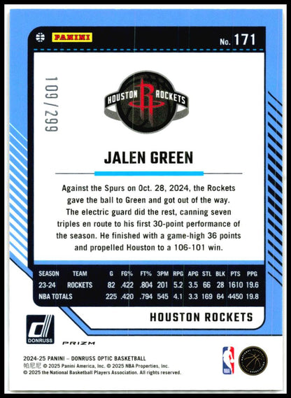 2024-25 Donruss Optic Hyper Orange #171 Jalen Green #/299 Houston Rockets