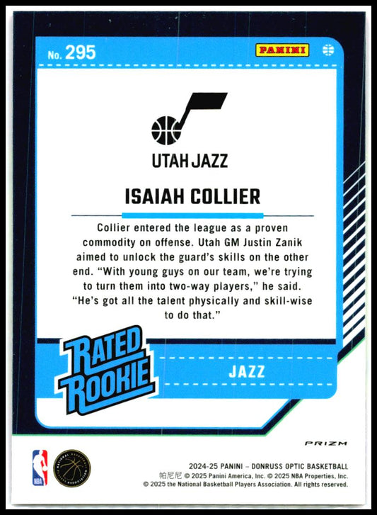 2024-25 Donruss Optic Hyper Pink #295 Isaiah Collier Rookie Utah Jazz